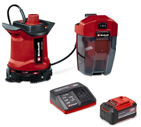 Einhell Pompe pour eaux chargées sans fil GE-DP 18/25 LL Li-Solo Power X-Change (18V, débit 7 000 L/h, aspiration à plat, hauteur de pompage de 5m, modes ÉCO et BOOST) avec Chargeur et Batterie 5,2Ah