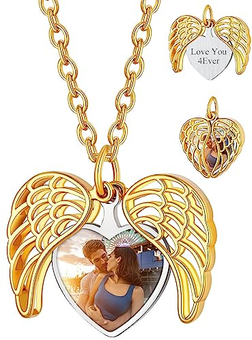 Custom4U Personalisierte Medaillon zum Öffnen für Bilder Damen Fotokette | Engelsflügel Medaillon Foto Kette mit Gravur Silber/Gold/Schwarz Locket Amulett mit 50cm kette Geschenk für Mutter Ehefrau