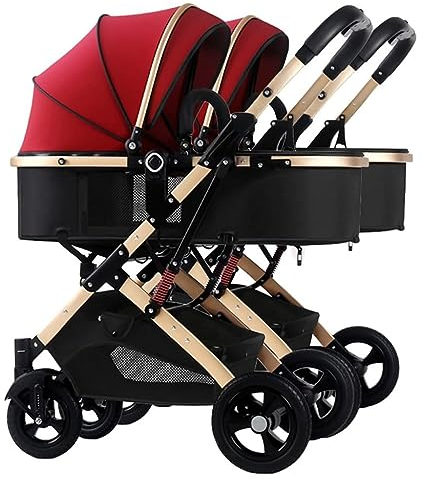 WIGSELBL Zwillings-Kinderwagen, Doppel-Kinderwagen, Kleinkind-Kinderwagen for Zwillinge nebeneinander, Faltbarer Doppelsitz-Tandem-Kinderwagen, wendbar, leicht zusammenklappbar (Color : Red)