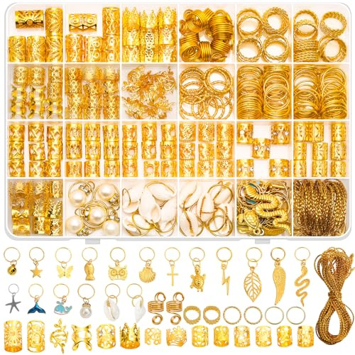 Qinzave 285PCS Gold Hair Jewelry for Braids, Gold Dreadlock Hair Accessories with Pendants Charms, Loc Jewelry for Hair Dreadlocks Rings Cuff Clips Charms for Braid Decoration