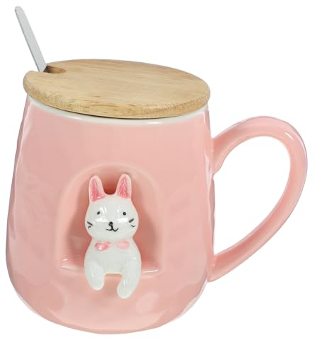 Healvian Keramik Kaffeebecher mit Deckel und Löffel Niedliches Design Robust Auslaufsicher für Büro und Alltag