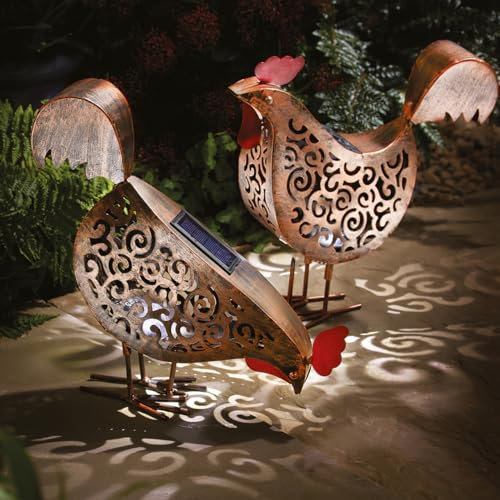 2 x Solar Powered Silhouette Hens – Weather Resistant Handmade Decorative Metal Outdoor Garden Chicken Ornaments with LED Light & Scroll Effect Cut Out Detail for Patio, Decking, Tabletop