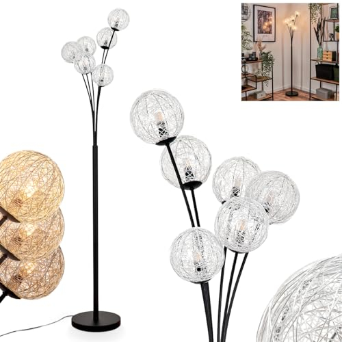 Stehleuchte Bernado, Stehlampe aus Metall/Draht/Metall in Schwarz/Silber, Leuchte im modernen Retro/Vintage-Design mit Schirmen aus Glas (Ø 12 cm), dimmbar über Fußschalter, 6 x G9, ohne Leuchtmittel