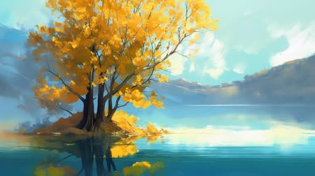 Acryl-Bild 90 x 50 cm: Wunderschöne Herbstlandschaft mit einem Baum am Ufer des Sees (203693727)