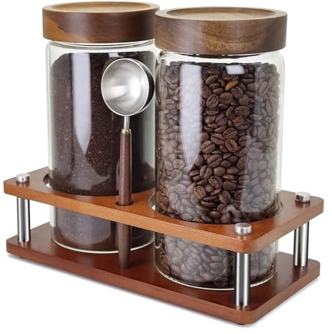 Venuekkuri Glass Coffee Grounds Container with Shelf, 2 × 45 oz Glass Coffee Canisters with Airtight Thread Lid, Storage Jars with Stainless Steel Spoon for Coffee Bean, Sugar,Nut