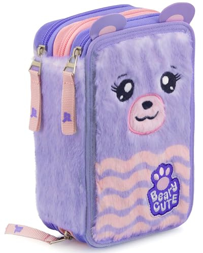 Julian Ross 3-Fach Federmäppchen für Mädchen – 45-teilig mit radierbaren Gelstiften – Flauschiges Mäppchen in Lila mit Bärenmotiv – Wie EIN Plüschtier – Ideal für Schule & Geschenk