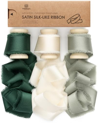 Vitalizart Geschenkband Dunkelgrün & Creme & Staubgrün 2,5 cm x 13,7 m | Handgemachtes Ausgefranstes Seidenartiges Satinband für Geschenk Verpacken Baby Dusche Hochzeit Brautsträuße Urlaub Dekor
