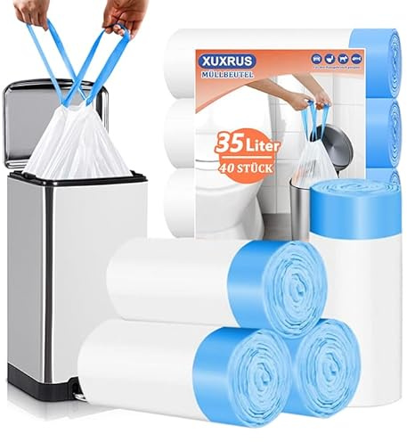 XUXRUS Mülltüten 35L Weiß Für Küche Mit Kordelzug, 40 Stück | Reißfestes Und Blickdichtes Material, Einfach Zu Verschließen Im Alltag