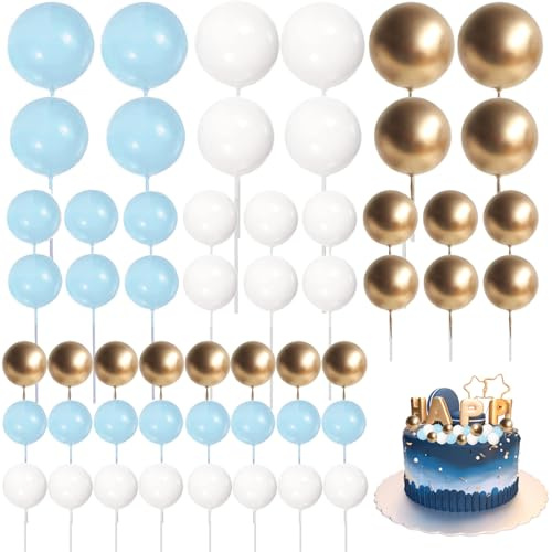 OZDEMIR 54Pcs Blue, White & Gold Cake Balls, Ball Cake Topper Decorations, 18 Pcs Each Color, 4 Sizes, Birthday & Wedding Cake Toppers