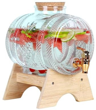 KhUkhu Dispensador De Bebidas De Vidrio, Dispensadores De Bebidas Heladas De 1L/3L/5L, con Grifo Y Soporte De Madera, para Fiestas, Dispensador De Bebidas Frías para Uso Diario En Fiestas,5L