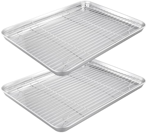 MAKTSAM Rostfritt stål bakplåt med kylställ set med 4 (2 brickor + 2 ställ) – 40 x 30 cm ugnskakpanna, spegelfinish diskmaskinssäker för rostning matlagning