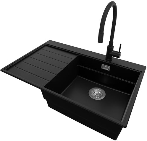 PRIMAGRAN Lavandino da Cucina al Mobile 50cm + Rubinetto, 78x50cm | Set: Rubinetto BW6020 + Kit di scarico + Lavello in Granito a 1 Vasca - Sydney Ergo, Nero