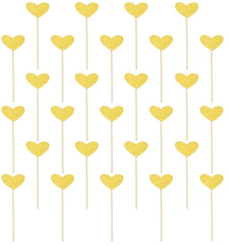 sourcing map 48 Pcs Heart Cupcake Toppers, Glitter Cupcake Picks with Glue Points, Cake Decorations for Wedding Birthday Theme Party Supplies, Golden