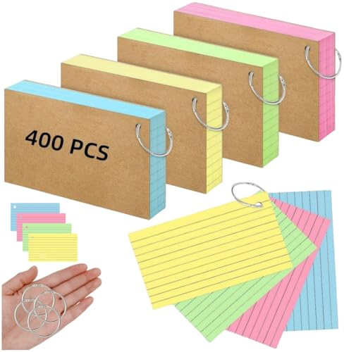 400 Pcs Revision Cards & Flash Cards Ruled Index Notecards with 4 Metal Binder Rings Multicolor Kraft Paper Study Cue Cards for School, Home & Office Exam Prep