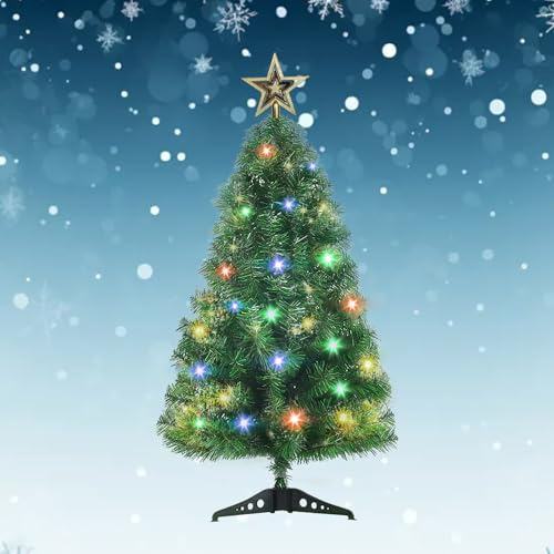 Kleiner Weihnachtsbaum mit Lichtern, 90cm Tischplatte Weihnachtskiefer mit PVC Stand Basis für Weihnachten Indoor Home Office Urlaubsdekoration