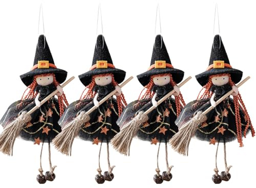 4 Stück Hängende Deko Halloween Hexen mit Ginster, Halloween Deko Fenster Hexenpuppe Für Innen Outdoor, Dekofigur Hängedeko, Herbst Dekoration Anhänger, Fensterdeko Hexen Für Garten (Schwarz)