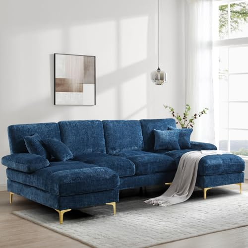 SoarFlash Modernes U-förmiges 4-Sitz-Chenille-Ecksofa mit doppelter Schwenkfunktion, Stabiler Holzrahmen & goldbeschichteten Metallbeinen, Blau