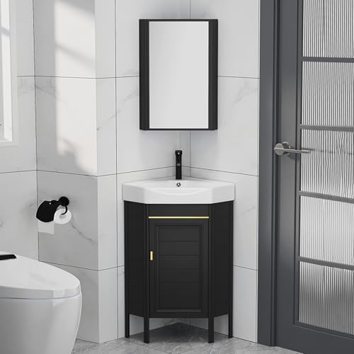 IYUESQ Kleines Eckwaschbecken und Medizinschränke, bodenstehendes Eckwaschbecken, Keramikwaschbecken, Badezimmerwaschtisch für kleine Räume (Schwarz, 43 cm)