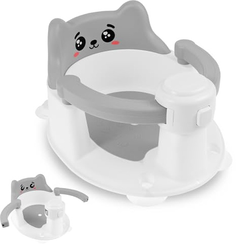 Badewannensitz Baby Ab 6 Monate 36x29x20cm Badewannensitz Baby mit 4 Rutschfest Saugnapf Abflussloch Einfach Entsperren Tragbar Cartoon Kinder Badesitz für Zuhause Urlaub (Graues Lächeln)