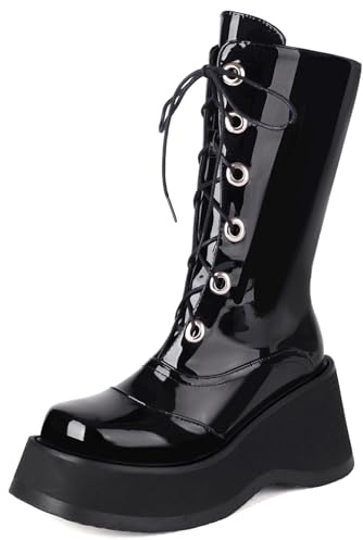 Gicoiz Femme Bout Rond Compensées Combat Plateforme Bottes D'Équitation Hiver Stylish Gothic Half Biker Bottines Zip Noir-Cuir Verni Taille 36 EU