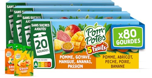 POM'POTES® Compote Sans Sucres Ajoutés 5 Fruits Exotiques/Jaunes 80x90g | Gourde, Pomme Abricot Pêche Poire Banane, Pomme Goyave Mangue Ananas Passion, Source De Fibres, Nutri-Score A, 3 Ans Et Plus