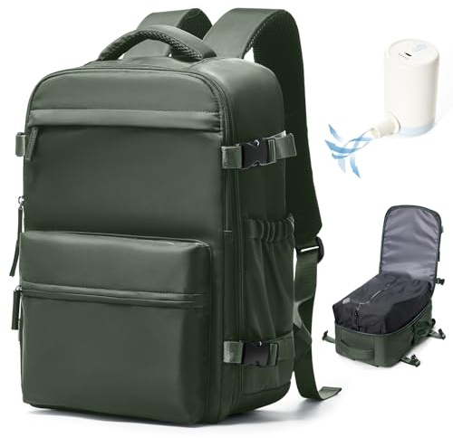 VENATIN Zaino da Viaggio con Sottovuoto, Zaino a compressione sottovuoto, Borse da cabina Ryanair 40x20x25 con sottovuoto con pompa,Verde marrone