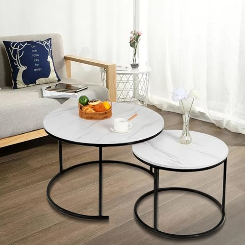 HUOLE Beistelltische, rund, 2 Stück, mit goldfarbenem Metallrahmen, Oberseite aus Marmorimitat, für Wohnzimmer, Schlafzimmer, Büro, Wohnung, B (60 x 60 x 45 und 40 x 40 x 38 cm), Marmor, Weiß