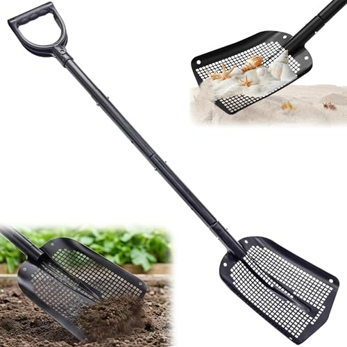 Tragbare Siebschaufel mit 59-118 cm Einstellbar Griff Gartensieb | Aluminiumlegierung Sandschaufel Strandschaufel Scooper Garten für Schatzsuche Hühnerstallreinigung Sieben von Kies