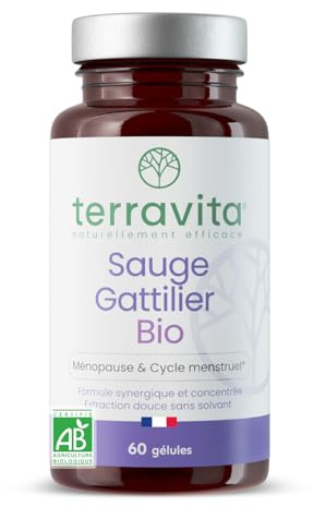 Sauge Gattilier Bio | Complément Ménopause Naturel sans Hormones | Bouffées de Chaleur, Fatigue, Stress et Variations d’Humeur | 2 Mois de Cure | 60 Gélules | Fabriqué en France | Terravita