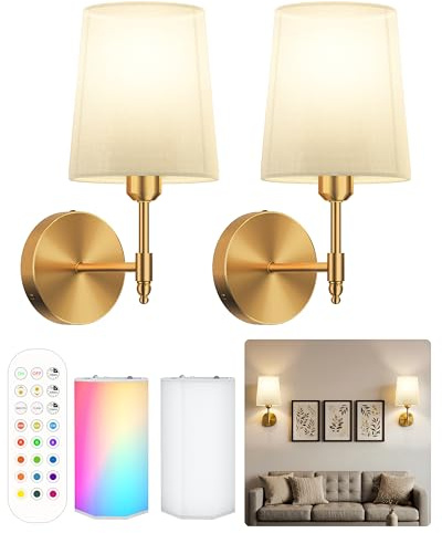Ouyulong Battery Rechargeable Wall Lights Set of 2, Remote, 15000mAh, Gold | Wireless 3 Color Temperature LED Dimmable, Fabric Shade, 34 CM, Modern Indoor Decor for Bedroom, Dinning Room, Living Room