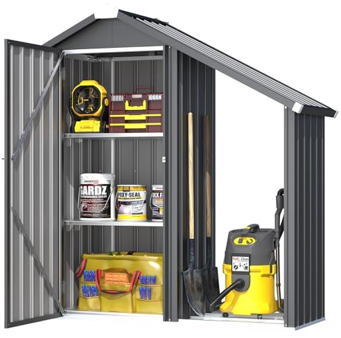YODOLLA Gartenschrank mit Böden & seitlich offenen Regalen, Grau | hoher vertikaler Geräteschrank mit Spitzdach, wetterfest – für Terrasse & Garten