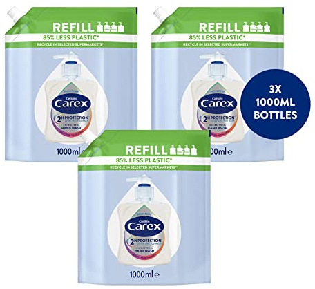 Carex 2 Hour Protection Antibacterial Moisture Hand Wash Refills, Liquid Hand Soap Eco Refill for Homes & Businesses, Caring Hand Wash, Bulk Buy, Pack of 3 x 1 litre