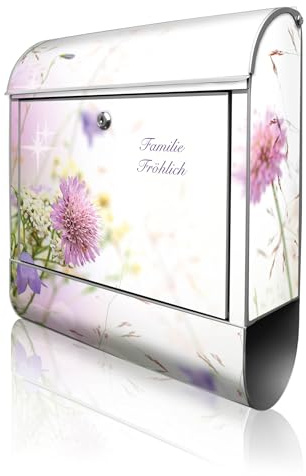 banjado Design Briefkasten personalisiert 38,5x46,5x13cm & 2 Schlüssel - Briefkasten Stahl Silber Zeitungsfach pulverbeschichtet - Postkasten A4 Einwurf inkl. Montagematerial - Motiv Glitzernde Wiese