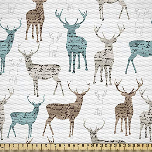 ABAKUHAUS Hirsch Gewebe als Meterware, Altes Text-Tier-Weihnachten, Schön Gewebten Stoff für Polster und Wohnaccessoires, 1M (148x100cm),Türkis Beige Braun