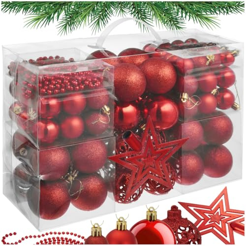 tectake® 86tlg Set Christbaumkugeln rot Plastik, Anhänger Weihnachtsbaum inkl. Stern und Perlenkette, Weihnachtskugeln Plastik, Weihnachtsbaumschmuck rot, bruchsicher, matt, glänzend und glitzernd