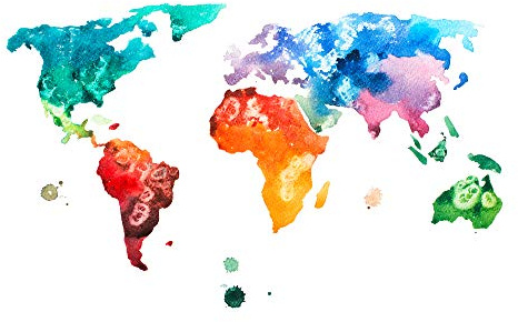 Livingwalls Fototapete Designwalls Vliestapete Colourful World Tapete Weltkarte in Blau, Grün, Orange, Rosa, Rot, Türkis, Violett, Weiß 350 x 255 cm XXL Wandtapete Wandbild 118696