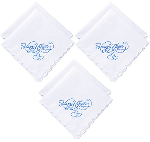 6 Pieces Embroidered Wedding Handkerchiefs Happy Tears Handkerchiefs with Scallop Lace Edges for Wedding Day Bride(White)