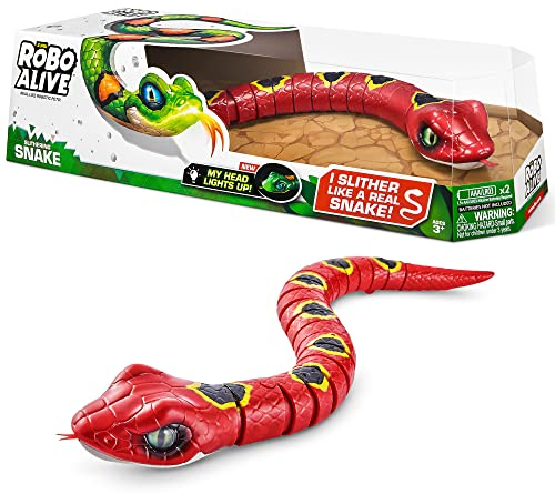 ROBO ALIVE Robotic Snake Series 3 (röd) upplyst leksak, batteridriven robotleksak, realistiska rörelser, leksak ödla
