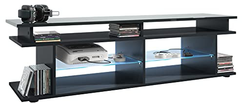 Vladon TV Board Movie V3 Game On 138,5 x 39 x 37,5 cm inkl. LED-Beleuchtung Blau, Korpus in Schwarz matt, Game Aufsatz in Grau Hochglanz