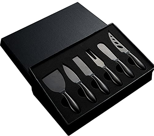 Premium 6-Piece cheese knife Stainless Steel Cheese Knife Collection with Cheese Fork Slicer and Cheese Cutters Cheese Tool Collection Great Gift (Black)