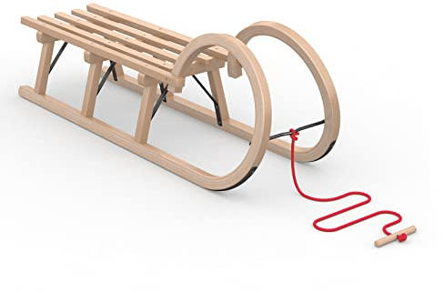 Vispronet Hörnerschlitten Classic, 2-Sitzer, Tragfähigkeit 2 x 90 kg, inkl. Zugseil, Holzschlitten für Kinder & Erwachsene, Schlitten Größe 110 x 33 x 38 cm