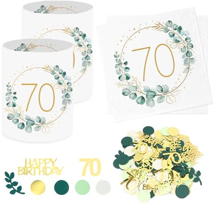 Sprinlot 20 Stück 70. Geburtstag Deko Servietten + 12 Stück Windlicht Tischdeko 70 Geburtstag + Eukalyptus Konfetti Tischdeko Grün Deko 70 Frau, Geschenke zum 70 Frau Mann