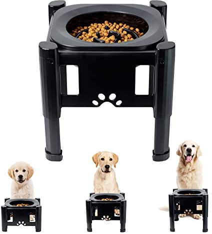Pawque Dog Food Bowl Elevated Dog bowls, Adjustable Raised Slow Eating Dog Bowl with 3 Heights (6.1, 7.7, 9.3) for Medium and Small Sized Dog Cat, Mess Proof & Non-Slip Dish Feeder