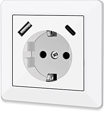 Schuko Steckdose Mit USB Anschluss Und Typ C (Max. 5 V 3,4 A) - Glänzend Unterputz System 55 Reinweiß Wandsteckdose Schutzkontaktsteckdose