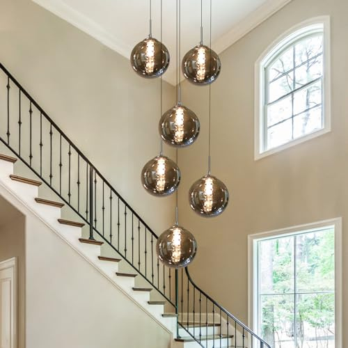 CBJKTX Pendelleuchte Treppenbeleuchtung 6 Flammig Hängelampe Esstisch 180cm | Hängeleuchte Glas, Moderne Rauchgrau Pendellampe, Höhenverstellbar, für Villa Galerie Küchen Wohnzimmer Schlafzimmer Flur