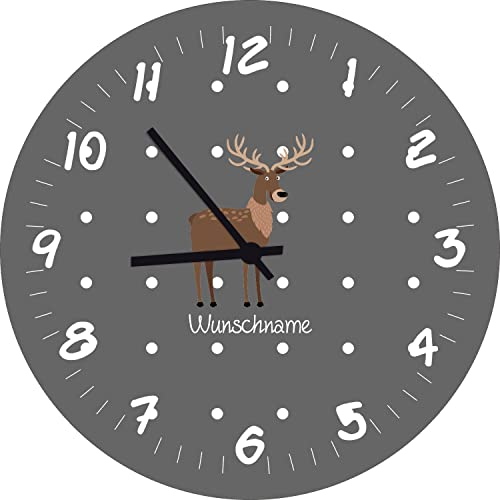 Shirtinstyle Kinderzimmeruhr mit Tiermotiv REH Hirsch mit Wunschnamen Geschenk Uhr Kinder Handmade Wanduhr Wunschtext Name, 20cm, Farbe Dunkelgrau