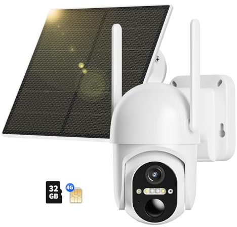 NUASI 4G LTE Telecamera con SIM e 32GB Memoria Scheda, 2K 360° PTZ Telecamera Senza Fili Esterno con Pannello Solare, Visione Notturna a Colori, Audio Bidirezionale, PIR Rilevamento Videocamera, IP66
