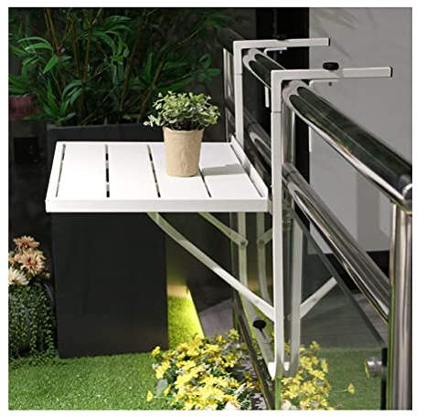 Mesa Colgante Balcon Mesa de terraza Plegable de Metal Blanco for Exteriores, Mesa de barandilla pequeña for Colgar en el balcón del jardín del Patio Que Ahorra Espacio, Altura Ajustable