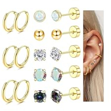 Diamday 8Paare Titan-Stahl Piercing Ohrstecker Set 20G Hoop Creolen Ohrringe für Damen Herren Kleine Kugel Opal CZ Flache Rückseite Ohrringe Tragus Knorpel Helix Kleine Creolen für Mehrere Piercings
