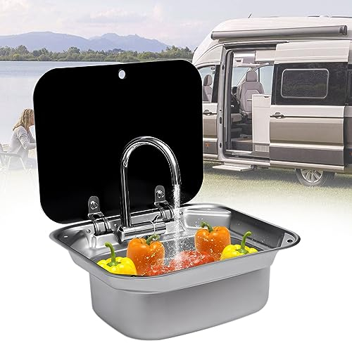 Set di lavabi per roulotte, rettangolare, con coperchio, con lavabo in acciaio inox+rubinetto+tubi, per camper, piccole cucine